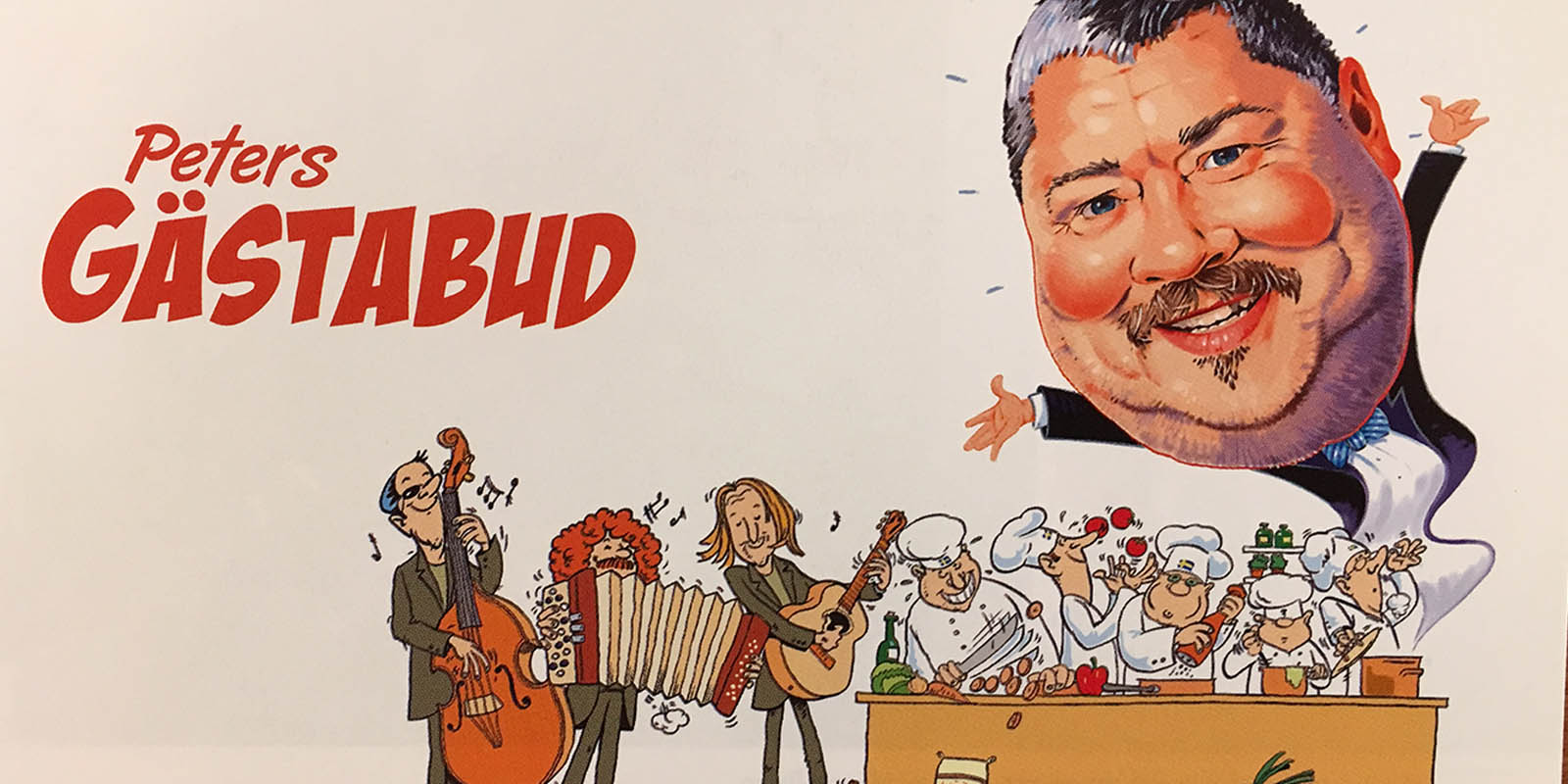 Kampanjbild Peters Gästabud, tecknad bild med blandannat Peter Harryson