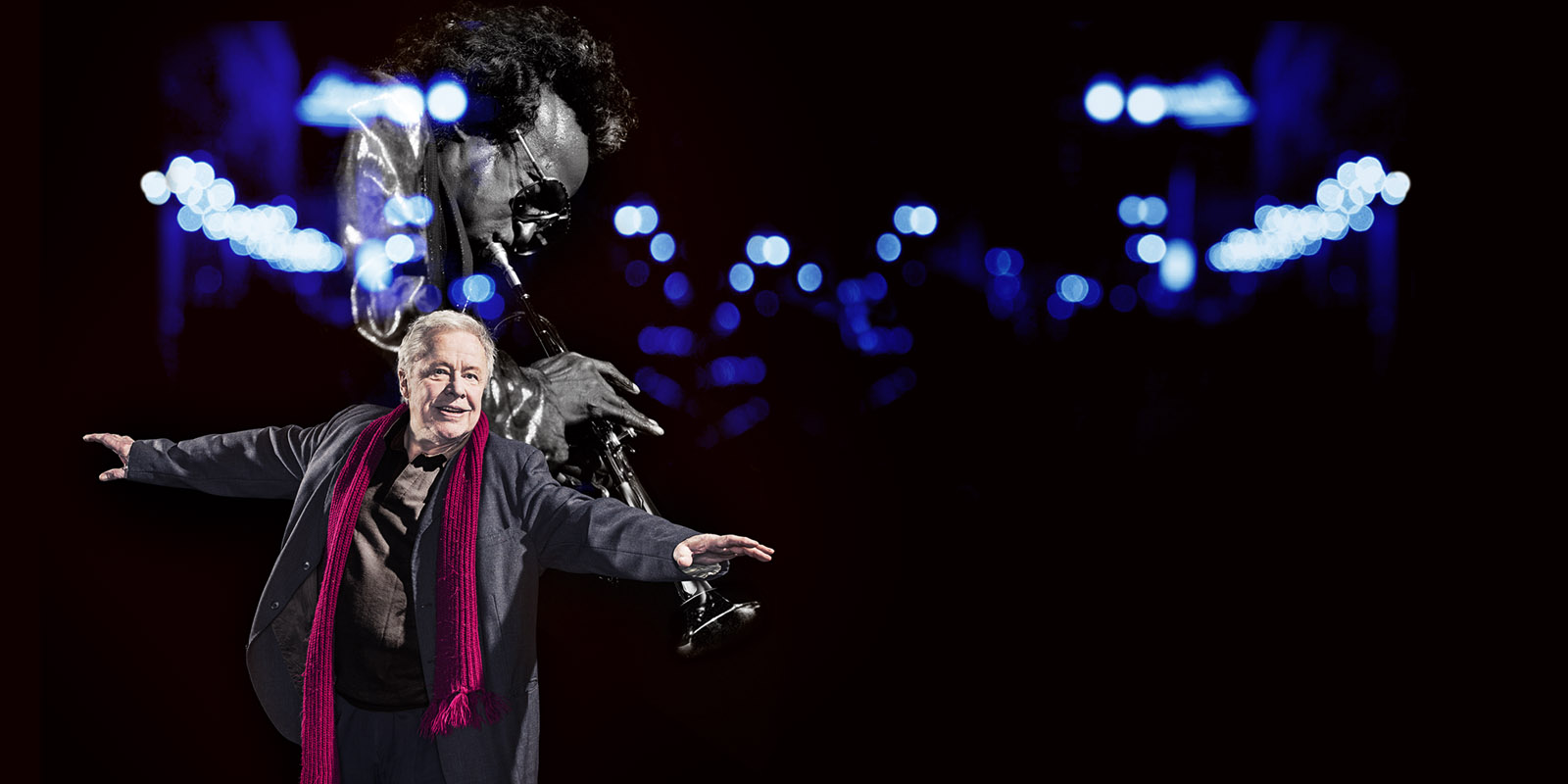 Affischbild Driving Miles; Sven Wollter i förgrunden och Miles Davis projicerad i fonden.