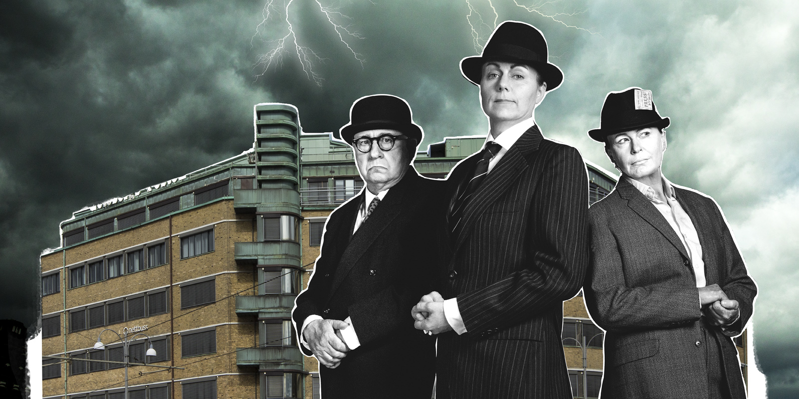 Kampanjbild till Tidningshuset som gud glömde, på bilden ses Sven-Åke Gustavsson, Victoria Olmarker och Lisa Lindgren