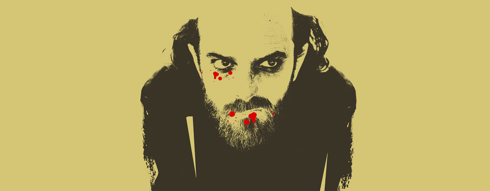 Skådespelaren Jesper Söderblom grafiskt återgivet foto i helsvart mot gul bakgrund.